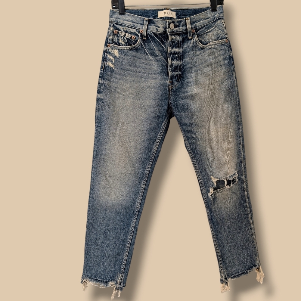 Trave Faded Blue Denim Distressed Tapered Mid-Rise Constance Jeans 28